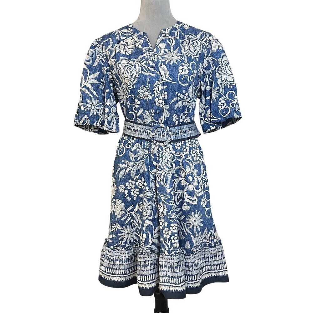 Joie Floral Midi Dress 10 Blue Belted Cottagecore Summer Wedding Vacation Spring